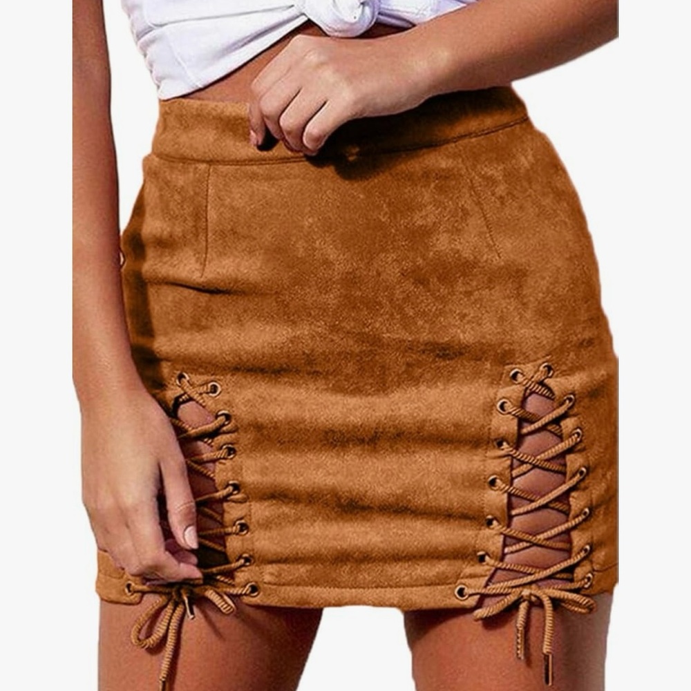 NEW Sexy High Waist Lace Up Bodycon Faux Suede Split Tight Mini Skirt
